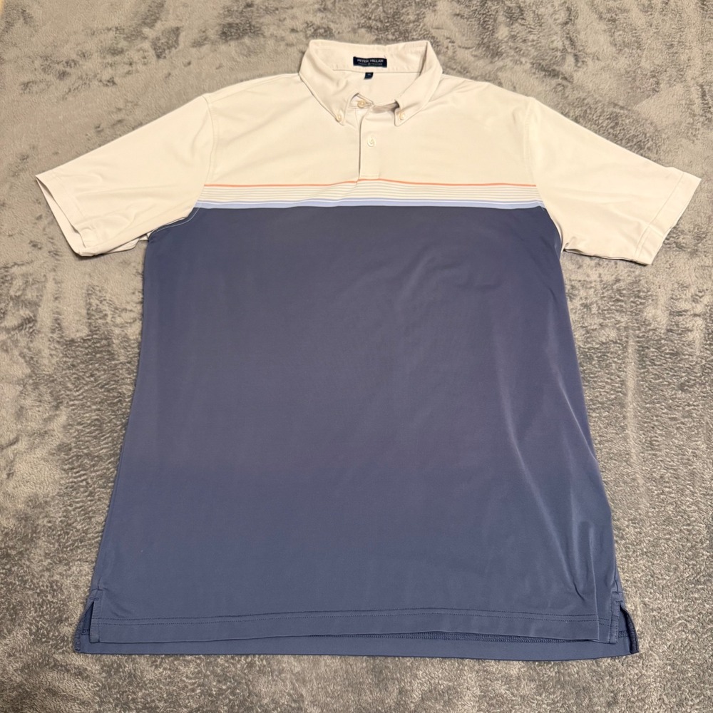 Peter Millar Crown‎ Crafted Men's XL Polo Shirt Short Blue Stripe Golf